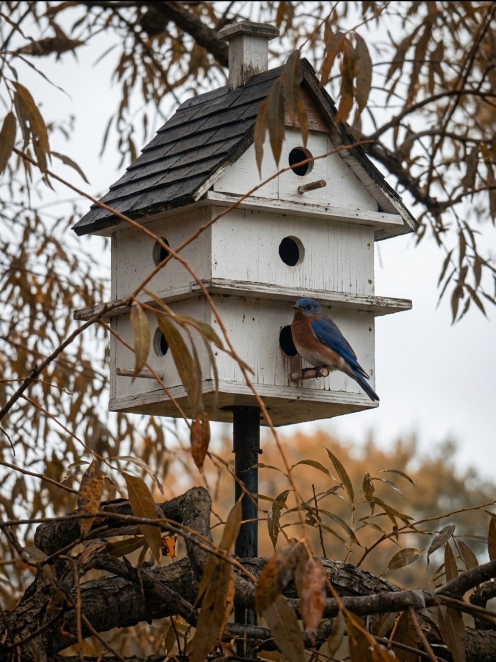 White and Black Rustic Multi-Level Birdhouse - Brand Unspecified